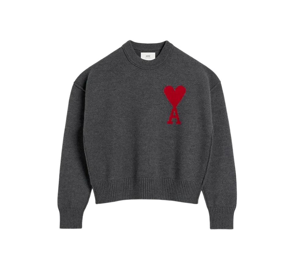 Ami Paris Grey Wool Ami De Coeur Knit Sweater - Heather Grey