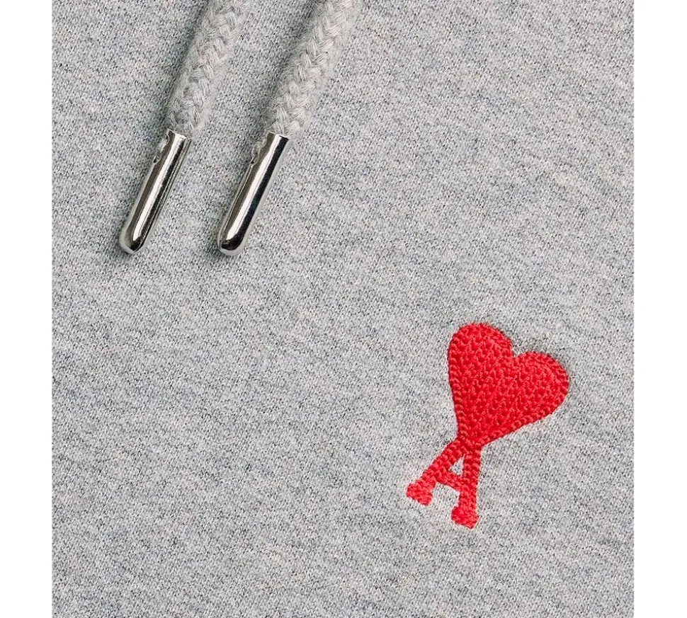 Ami Paris Small Red Ami De Coeur Hoodie - Heather Grey