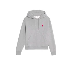 Ami Paris Small Red Ami De Coeur Hoodie - Heather Grey