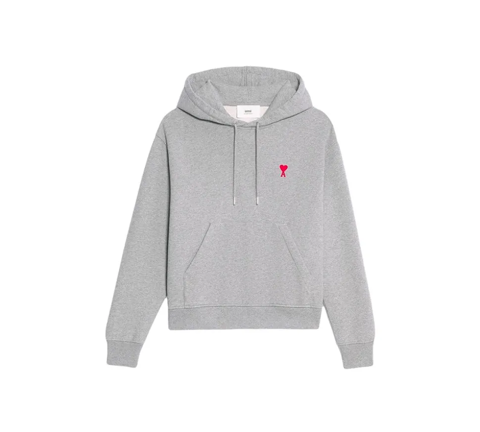 Ami Paris Small Red Ami De Coeur Hoodie - Heather Grey