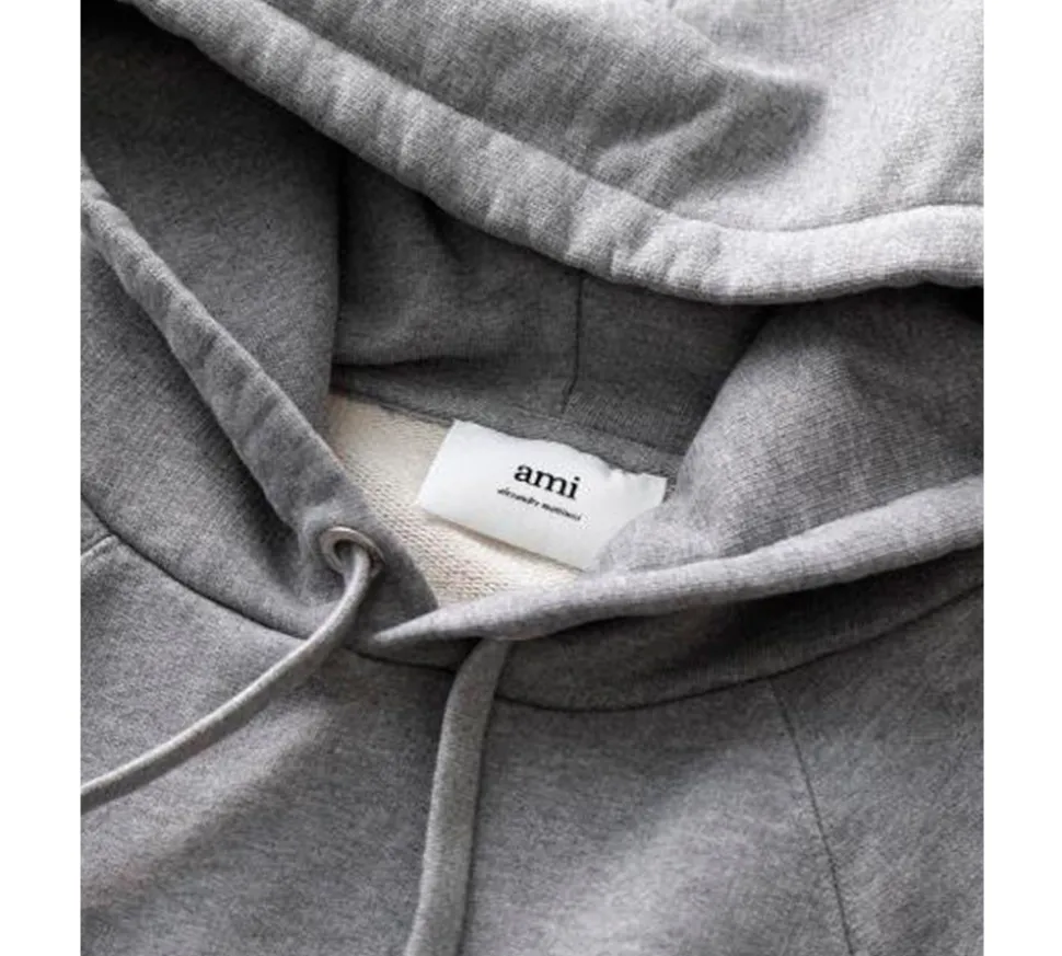 Ami Paris Small Red Ami De Coeur Hoodie - Heather Grey