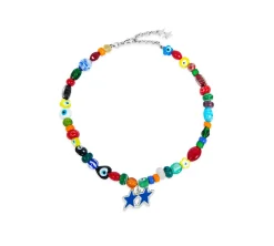 TwoJeys &&™ Blue Melted Stars Necklace - 12 microns silver plated chain w/ Stained-glass beads